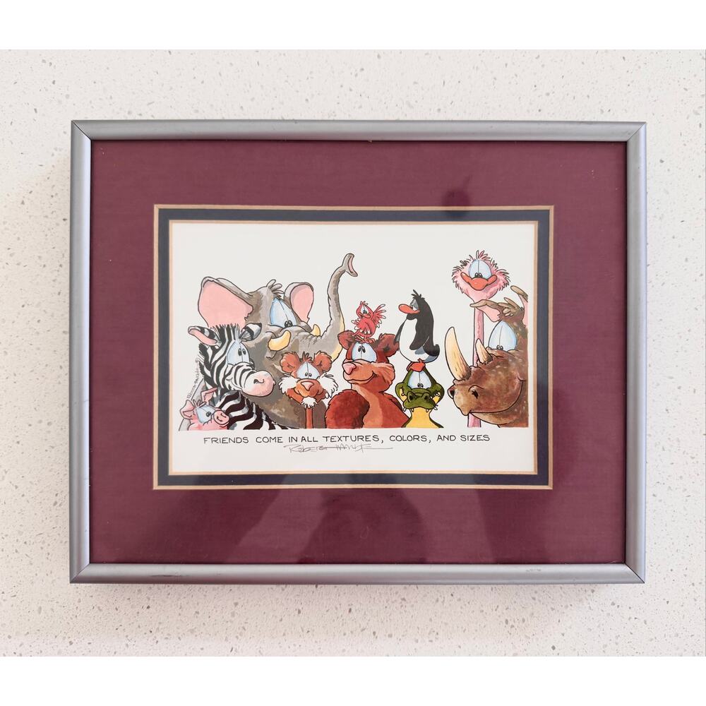 Robert Marble Original Cartoon Illustration Signed Animal Friends Framed